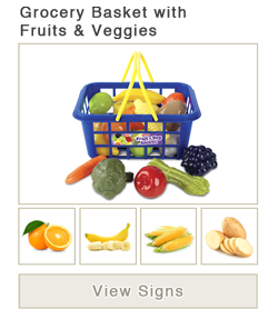 View word list of ASL signs for grocery basket fruit and vegetables