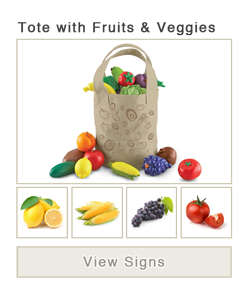View word list of ASL signs for tote with fruit and vegetables